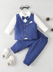 男嬰前蝴蝶結二合一襯衫和褲子 - 藏蓝色 - 查看 1