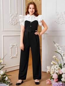 SHEIN Teen Girl Two Tone Ruffle Trim Belted Shirt Jumpsuit - Black and White - View 5