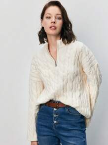 SHEIN Frenchy Jersey tejido de cable de hombros caídos - Albaricoque - Ver 5
