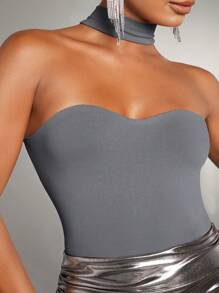 SHEIN BAE Solid Halter Neck Slim Fit Bodysuit - Grey - View 3