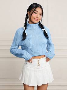 SHEIN MOD Turtleneck Cable Knit Turtleneck Crop Sweater - Blue - View 4