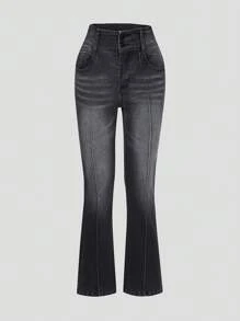 青少年女孩斜口袋牛仔喇叭褲 - 黑色 - 查看 1