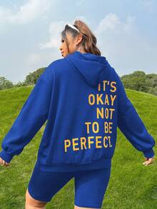 SHEIN EZwear Plus Size Slogan Graphic Drop Shoulder Drawstring Sweatshirt - Royal Blue - View 3