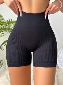 Wideband Waist Ribbed Knit Shorts - Black - View 3