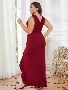 大碼上身蕾絲荷葉邊不對稱下擺連衣裙 - 酒紅色 - 查看 2