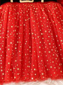 SHEIN Cô Gái Trẻ 1 Miếng Ngôi sao Lưới Hem Váy có thắt lưng Đối với Giáng sinh - Đỏ - Xem 6