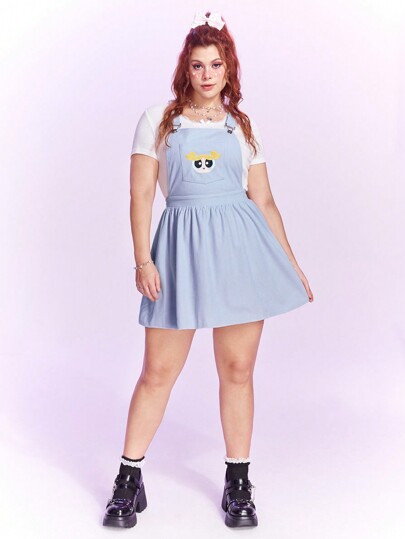 The Powerpuff Girls | ROMWE Talla grande Vestido overol con bordado con patrón de dibujos animados de pana sin camiseta