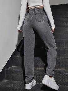 Ripped Straight Leg Jeans - Grey - View 2