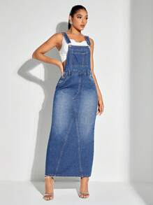 SHEIN BAE Túi nghiêng Tách rời Đầm denim Không có Áo ba lỗ - Rửa tối - Xem 5