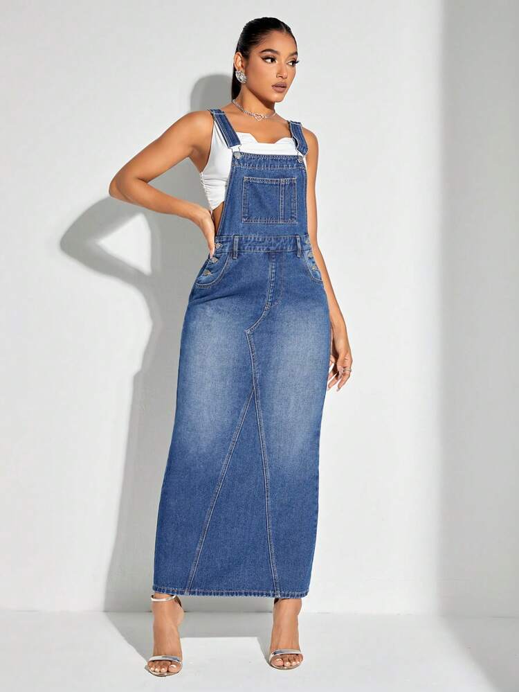 Slant Pocket Split Back Denim Overall Dress Without Tank Top