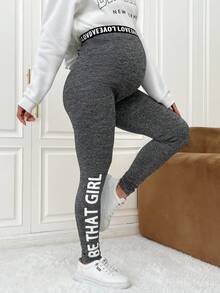 SHEIN 孕婦字母圖案雜色針織緊身打底褲 - 灰色 - 查看 3