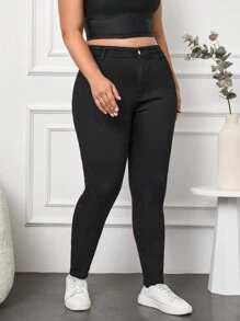 SHEIN Cottnline Plus Size  High Waist Skinny Jeans - Black - View 6