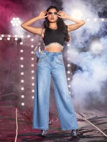 SHEIN Rhinestone Chi tiết quần ống rộng Quần jean - Rửa nhẹ - Xem 6