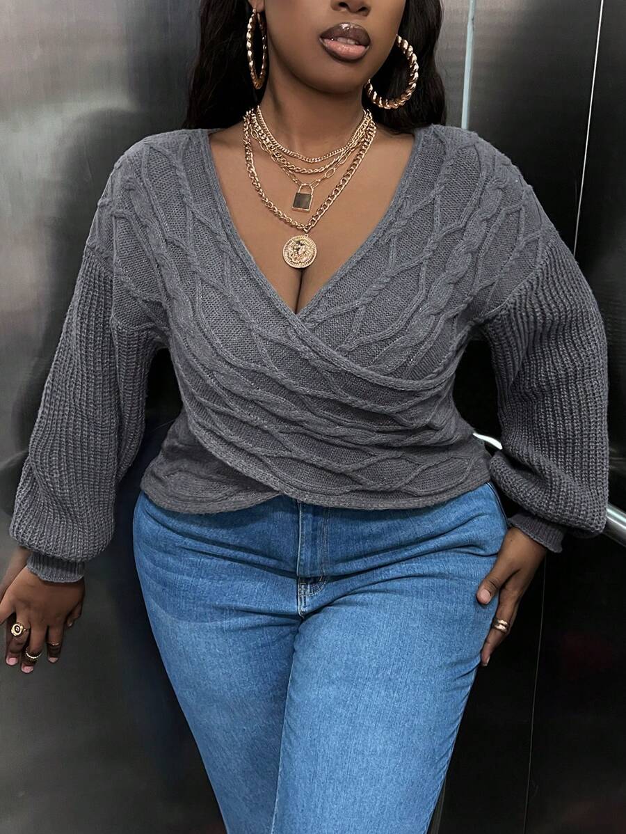 Slaydiva Hơn Crossover Xoắn Dan Thả vai Áo len - Xám - Xem 1