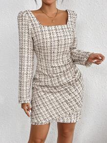 Chiquease Plaid Pattern Square Neck Ruched Tulip Hem Dress - Multicolor - View 1