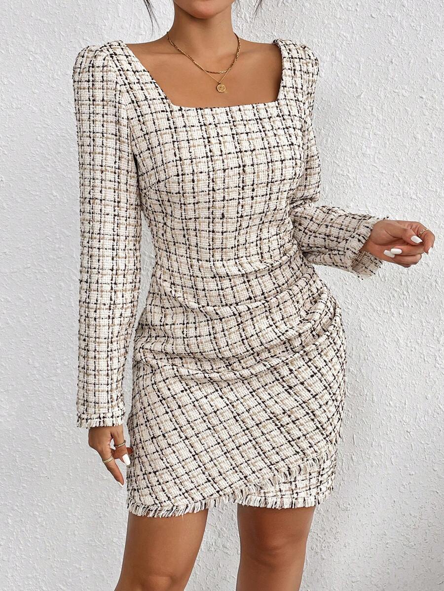 Chiquease Plaid Pattern Square Neck Ruched Tulip Hem Dress - Multicolor - View 1