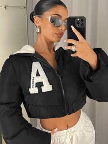 SHEIN ICON Áo khoác trùm đầu có đệm hình chữ vá - màu đen - Xem 4