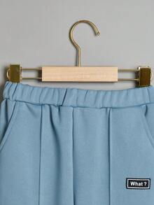 SHEIN Cậu bé Tween Chi tiết Patched thư Mặt trước đường may Quần thể thao - Màu xanh lam - Xem 3