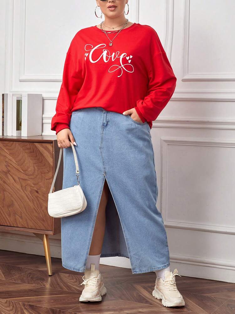 Women'S Plus Size Warm Fleece Letter Printed Christmas Red Sweatshirt, New Year