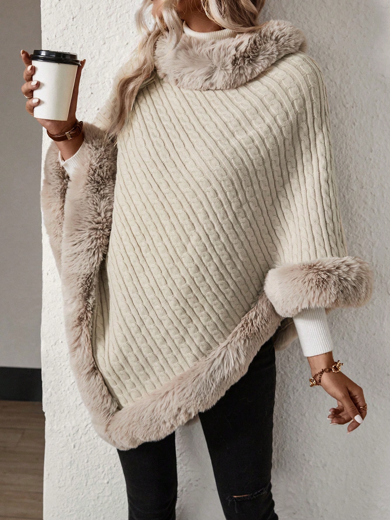 SoleilVie بونشو كنزة صوفية بأكمام خفاش مزود بحاشية...