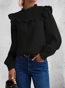 Chiquease 荷葉邊燈籠袖襯衫 - 黑色 - 查看 7