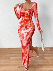 Breezaya 扎染鸡心领褶皱开衩连衣裙 超长度假海滩装 女款 - 彩色 - 查看 3