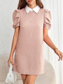 SHEIN Privé Pearls Beaded Puff Sleeve Dress