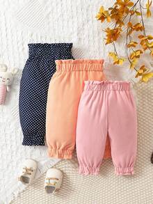 女嬰3入組波點圖案紙袋腰前蝴蝶結長褲 - 彩色 - 查看 2