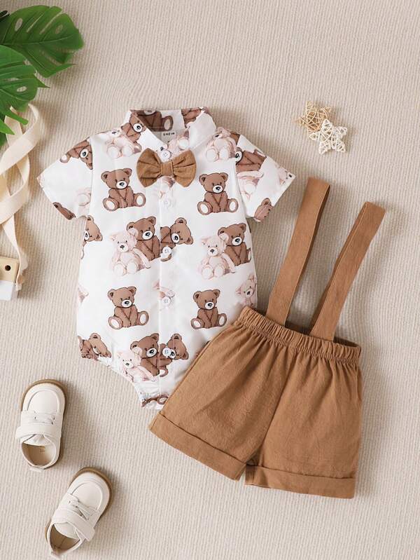Souflis Souflis Baby Boy Bear Print Bow Front Shirt Bodysuit & Pinafore Shorts