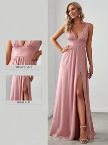 Spring V-Neck Split Bridesmaid Dress, Elegant Wedding Guest Dress For Women - Baby Pink - View 7