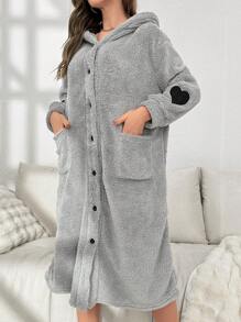 Heart Pattern Dual Pocket Hooded Flannel Lounge Robe, Cozy Outfit - Grey - View 5