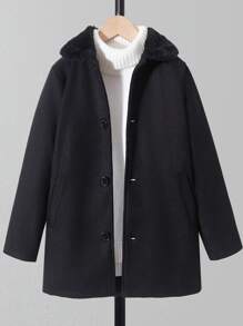 Tween Boy 1pc Borg Collar Single Breasted Overcoat - Black - View 1