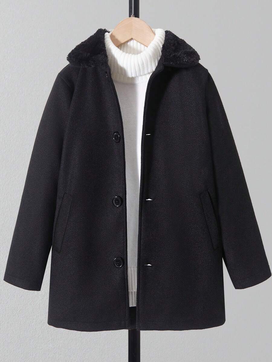 Tween Boy 1pc Borg Collar Single Breasted Overcoat - Black - View 1