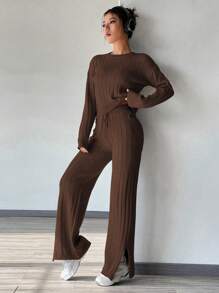 Flirla Solid Sweater & Drawstring Waist Knit Pants