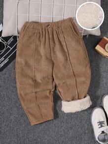 SHEIN Young Boy Slant Pocket Thermal Lined Corduroy Pants - Khaki - View 1
