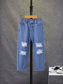 SHEIN Young Boy Ripped Frayed Straight Leg Jeans - Medium Wash - View 5