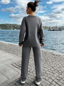 RueChic Solid Drop Shoulder Tee & Sweatpants - Dark Grey - View 2