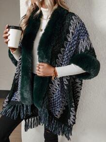 SHEIN Unity Pattern Fuzzy Trim Fringe Hem Batwing Sleeve Duster Cardigan - Multicolor - View 6