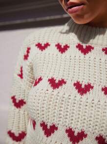 SHEIN Unity Pullover mit Herzmuster und Dropped Shoulder, Langarm Strickpullover für Herbst und Winter - Beige - Übersicht 5