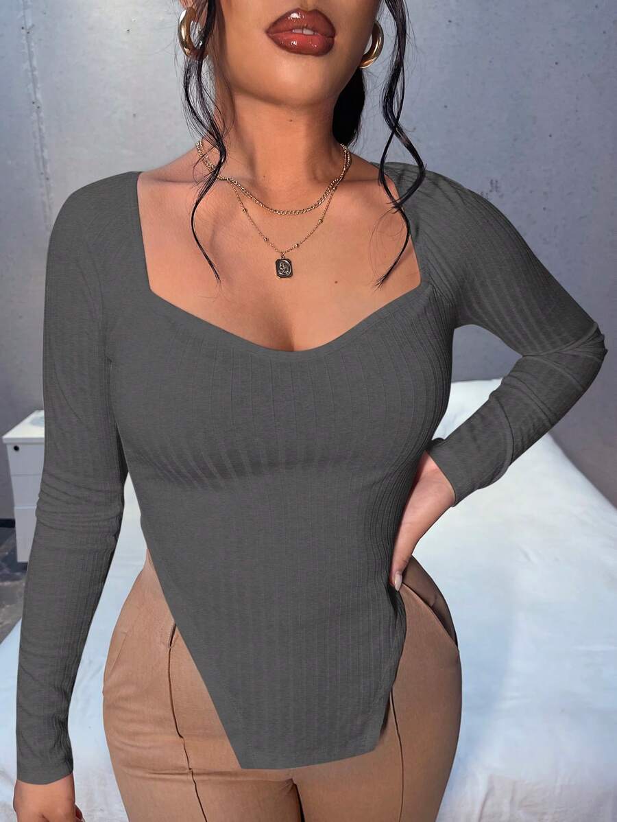 SHEIN SXY 雞心領口不對稱下擺羅紋針織T恤 - 灰色 - 查看 1