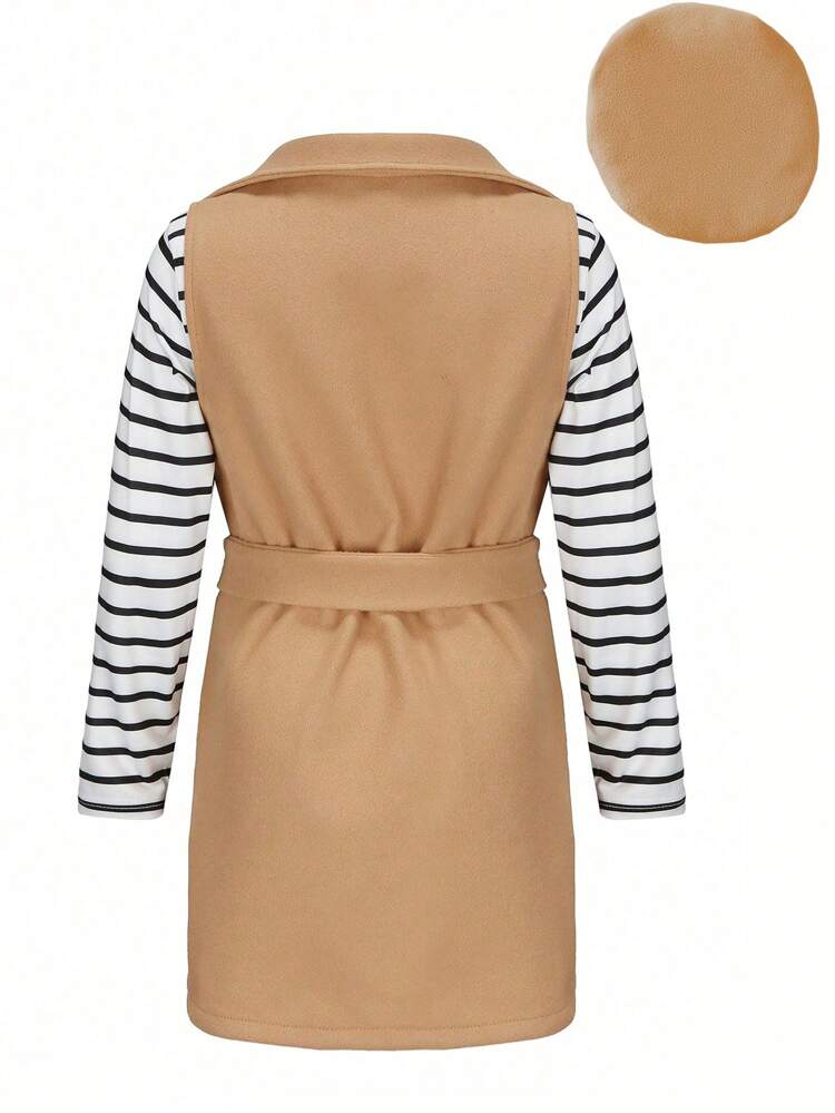 Young Girl Striped Print Tee & Belted Coat