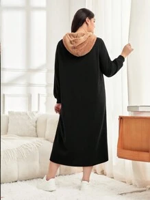Mulvari Plus Size Letter Patched Pocket Drawstring Hooded Sweatshirt Dress In Fall/Winter - Black - View 3