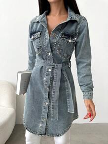 EURMUSE Flap Pocket Belted Denim Coat - Medium Wash - View 3