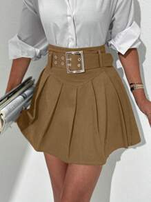 EURMUSE Solid Belted Pleated Skirt - Camel - View 3