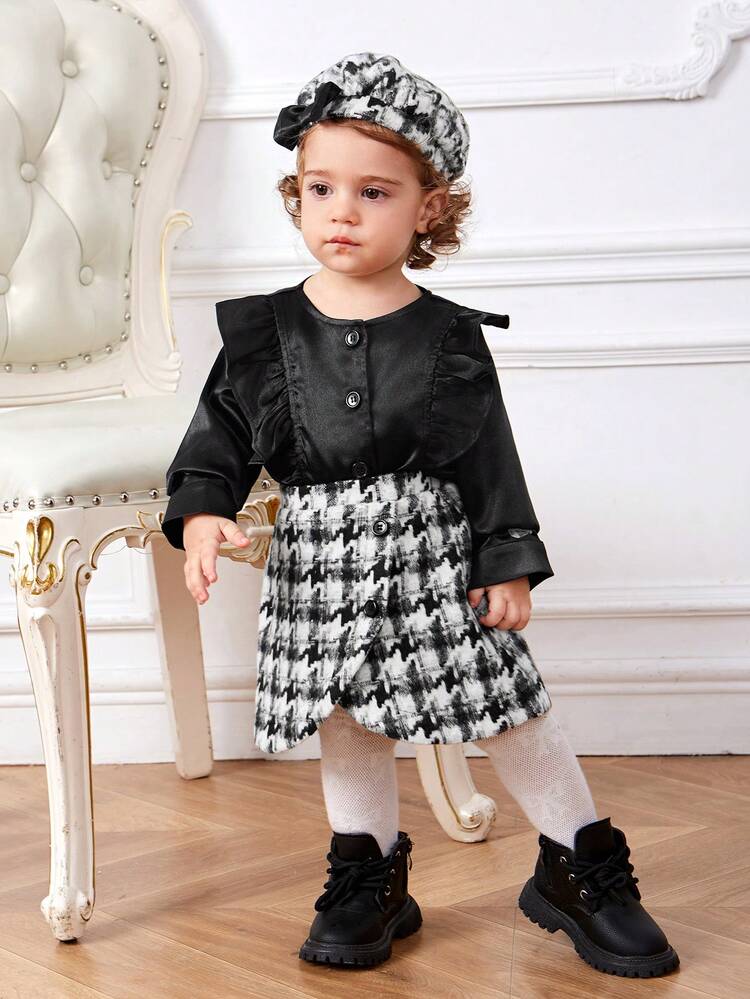 Baby Girl Ruffle Trim Top & Houndstooth Print Skirt & Hat