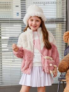 SHEIN Young Girl Two Tone Drop Shoulder Teddy Jacket With Bear Bag - Pink - View 3