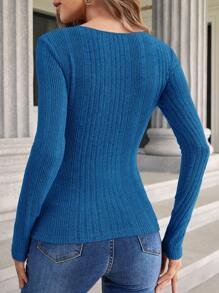 SHEIN Clasi Half Button Ribbed Knit Tee - Royal Blue - View 2