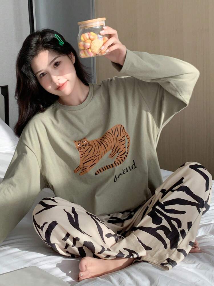 Letter Graphic Drop Shoulder Tee & Pants Lounge Set, Fall Clothes Pajama, Winter