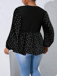 SHEIN LUNE Hơn In vết tròn Polka Tay áo lồng đèn Áo sơ mi Peplum - màu đen - Xem 2