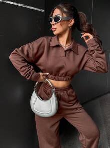 EURMUSE Drop Shoulder Crop Sweatshirt & Sweatpants - Brown - View 4